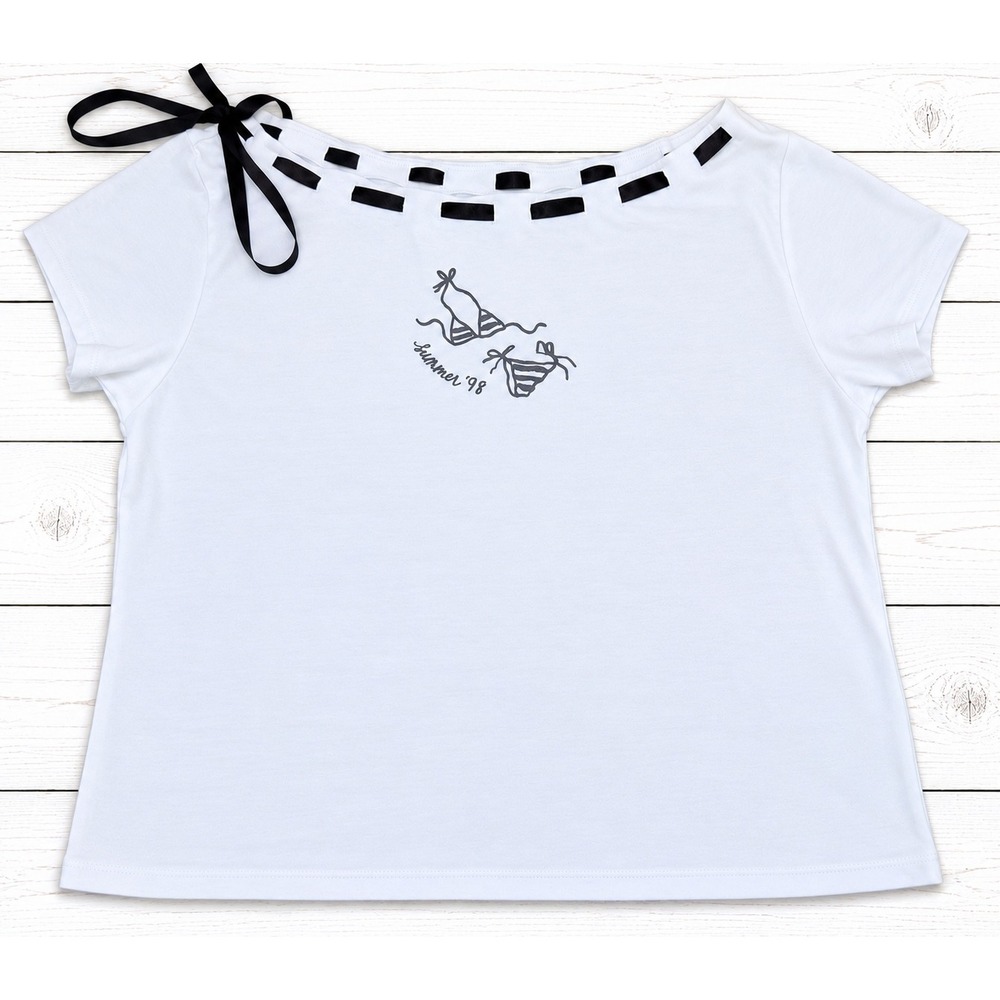 Hollister T Shirt Summer 98 Bikini Graphic Ribbon Neck Y2K Coquette Blue Medium